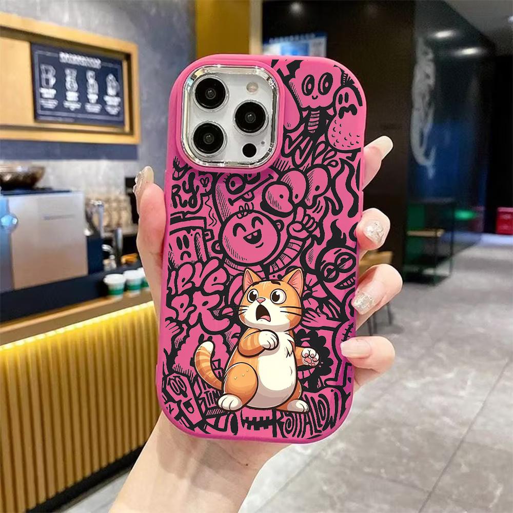 Phone Case: 2D flat design suitable for iPhone 18 17 16 15 14 13 Pro protective case, couple style, surprised orange cat, Christmas and Halloween gift