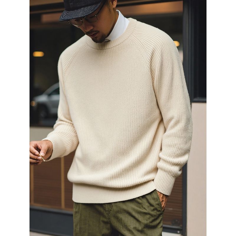 American Retro Heavyweight Pure Cotton Thick Waffle Knit Sweater for Men, Winter Base Layer, Export Men's Round Neck Knitwear