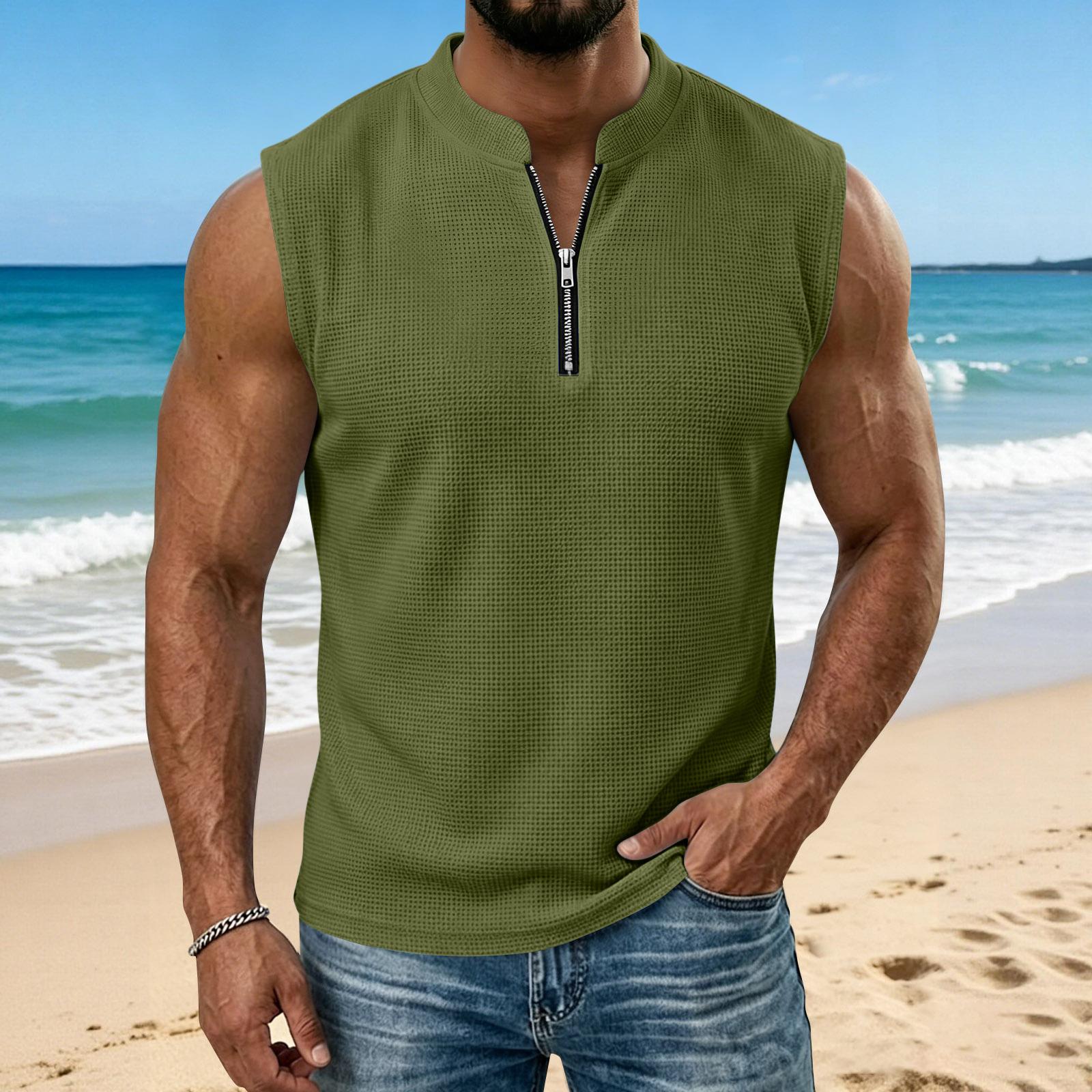 Men s Summer -Weave Vest: Lightweight, Sleeveless, Stand-Up Collar Top L армия зеленый