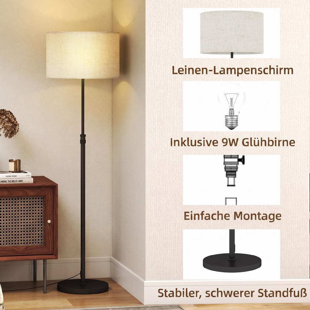 Floor Lamp Dimmable with Linen Shade E27 Height-adjustable Black