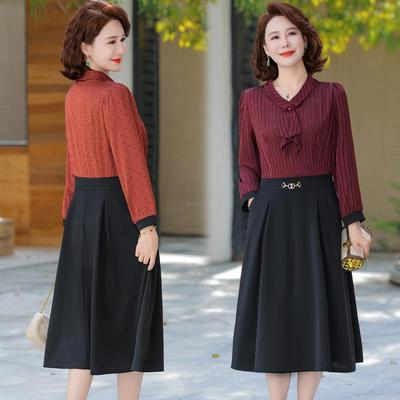 Trendy Autumn Long-Sleeve Fake Two-Piece Dress for Middle-Aged Women 2025