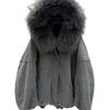 Womens Mid-Length Down Coat With Detachable Raccoon Fur Hooded Collar Loose Warm Winter Jacket