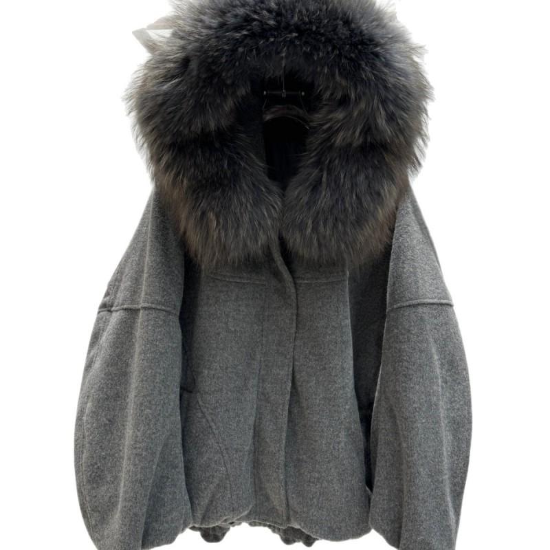 Womens Mid-Length Down Coat With Detachable Raccoon Fur Hooded Collar Loose Warm Winter Jacket