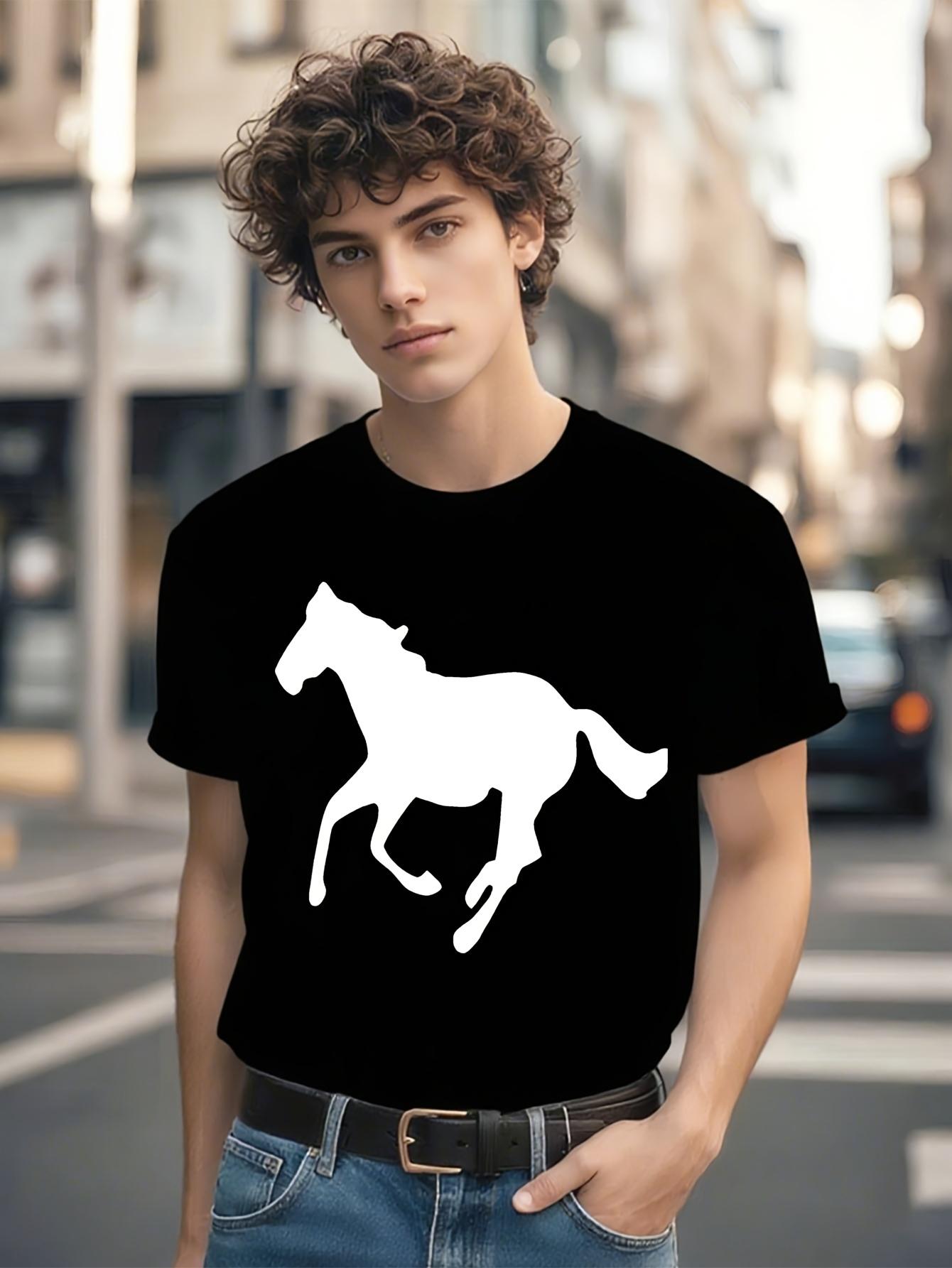 Cotton Crew Neck Tshirt - Black with White Galloping Hors... S