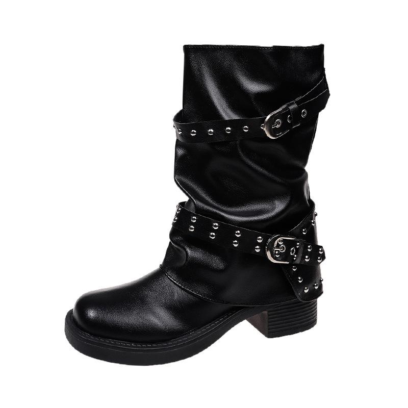 European and American large-size rivets, new stacking boots for women, medium tube thick-soled heightening trouser tube boots for women