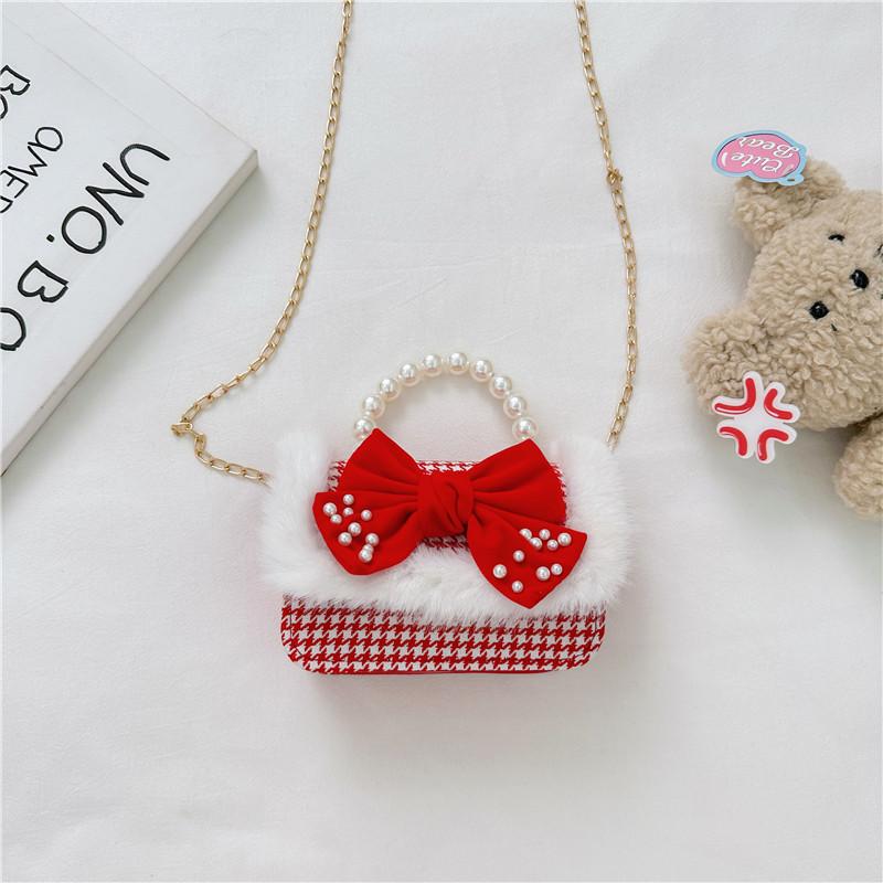 

Adorable Red Pearl Handbag For Kids With Trendy Bowknot Design And Chain Strap StyleA