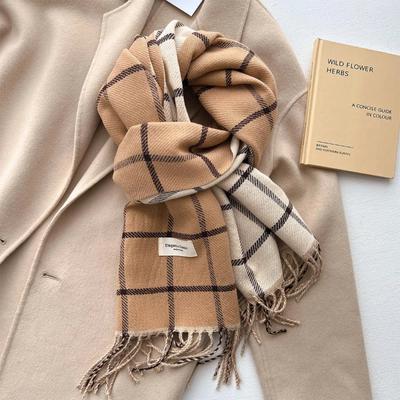Checkered Imitation Cashmere Warm and Tassel Simple and Luxurious Style Scarf for Autumn and Winter