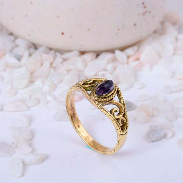

Amethyst Gold Plated Filigree Ring | Vintage Brass Gemstone Ring for Women | February Birthstone Gift 9 золотий