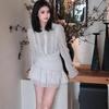 French white chiffon long-sleeved dress women's early autumn small temperament ruffle edge waist short skirt