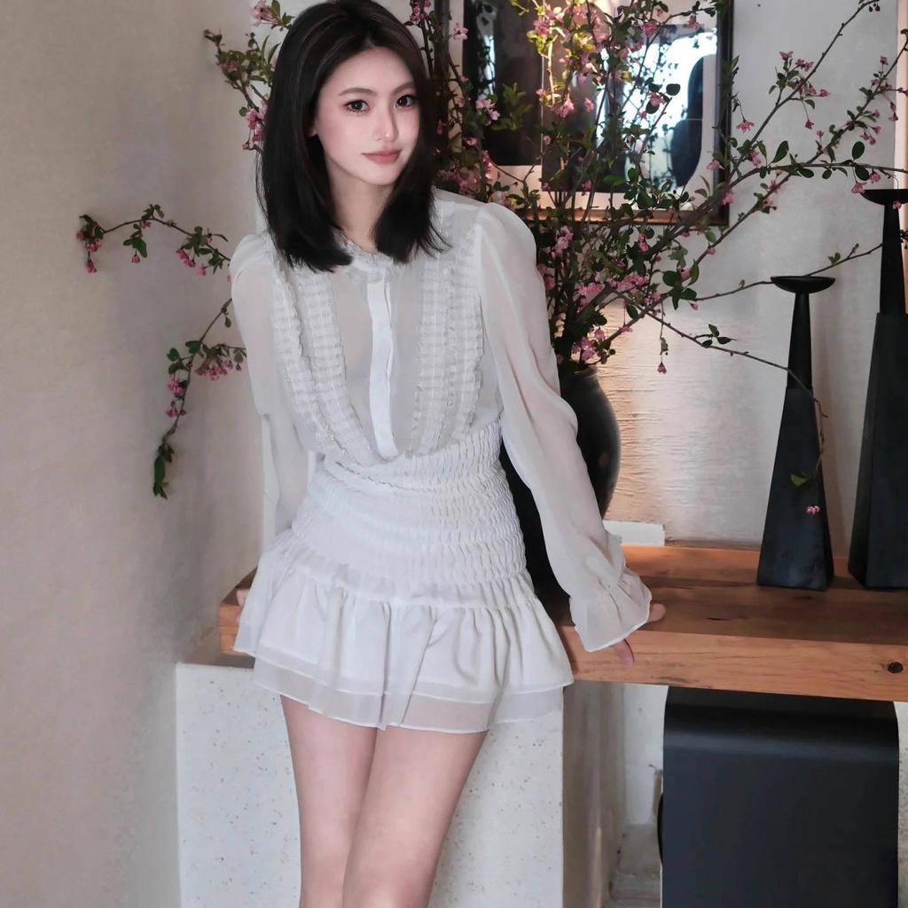 French white chiffon long-sleeved dress women's early autumn small temperament ruffle edge waist short skirt