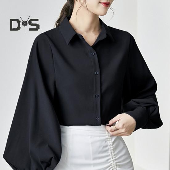 Women Shirt Lapel Lantern Long Sleeve Single Breasted Shirt Tops Solid Color Loose Fit Work Casual Daily Tops