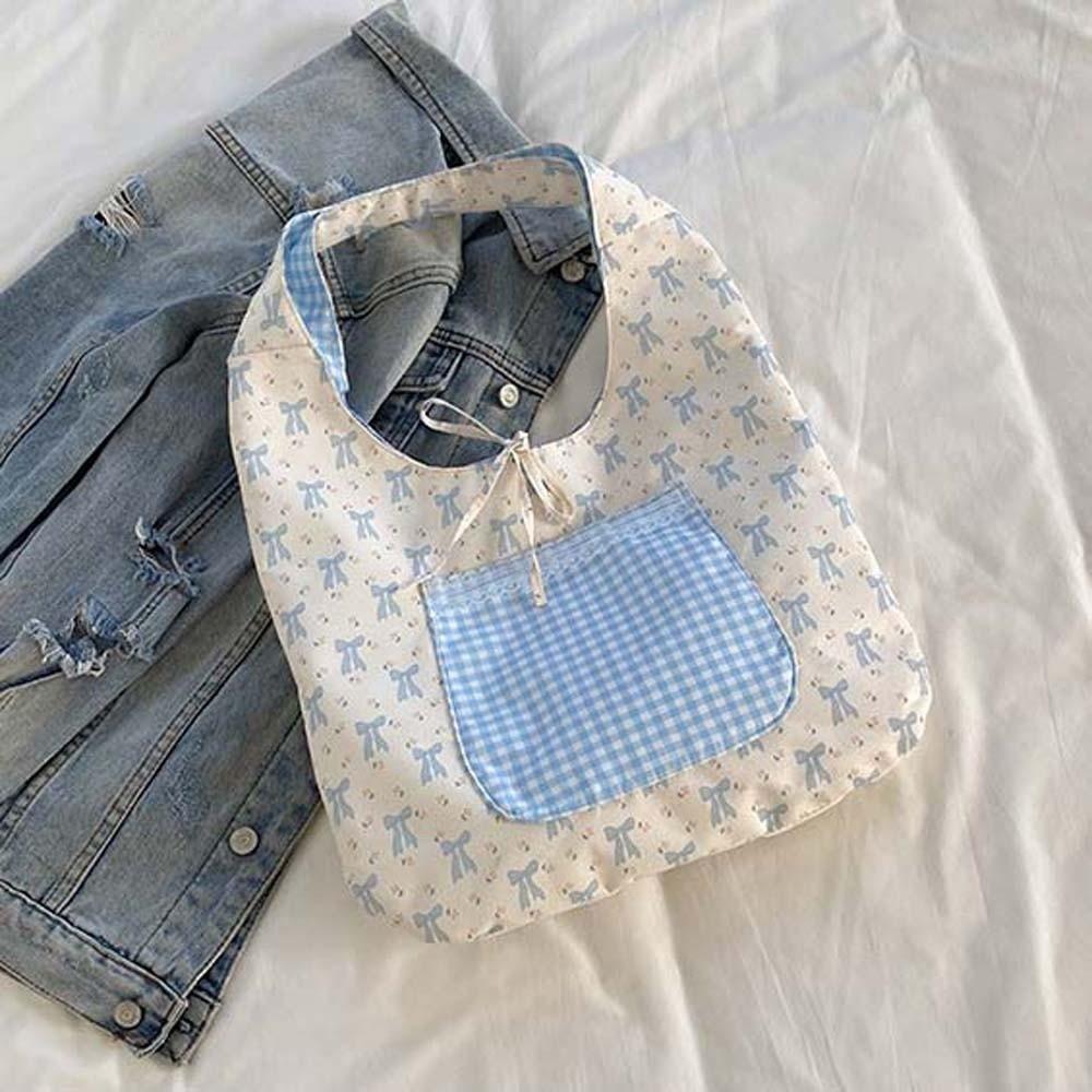 Sweet Plaid Nylon Vest Pouch Lace Decoration Tote Bag Simple Women Bow Printed Handbag  Storage