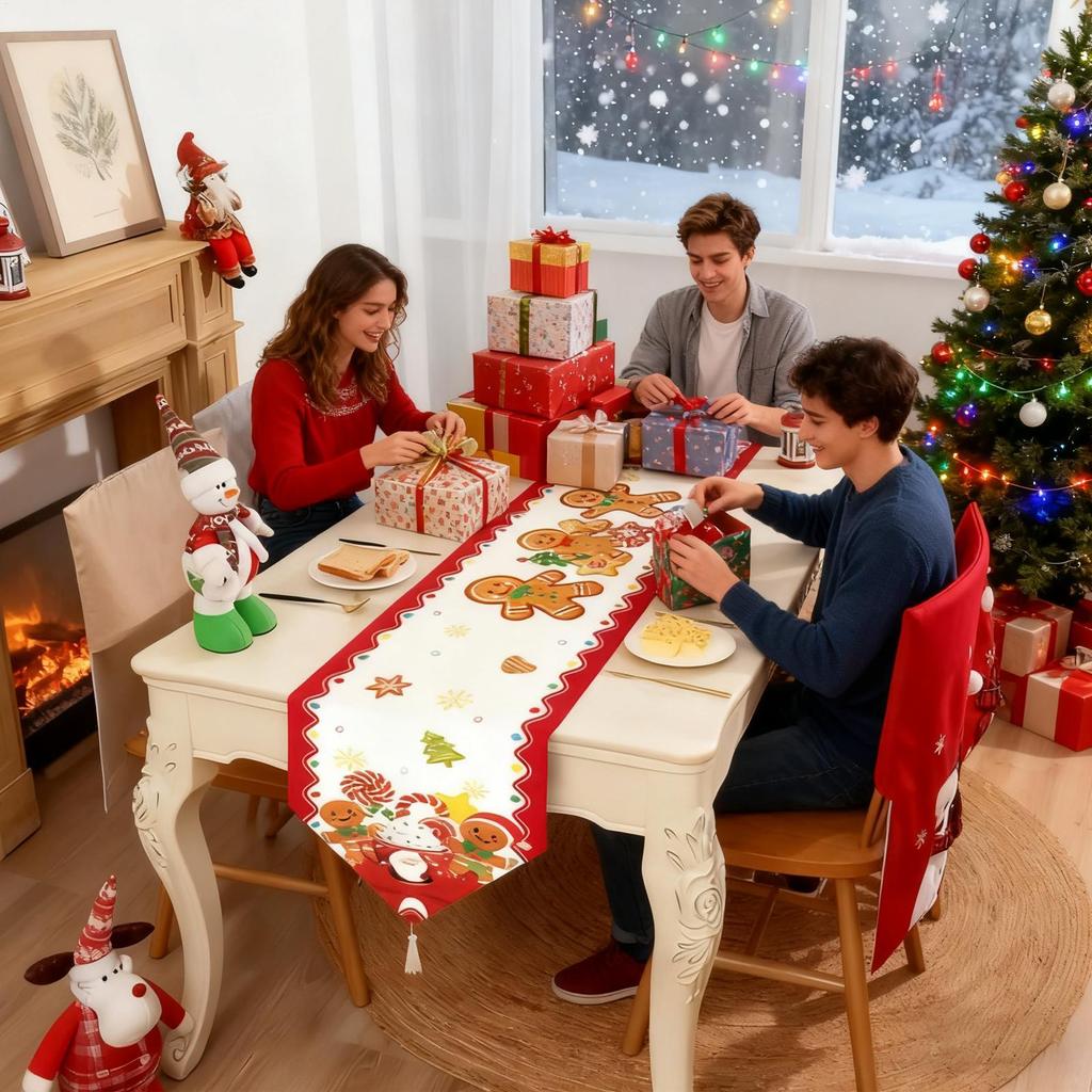 Table Runner Christmas Long Soft Christmas Decorations Gingerbread Man Santa Runner Table Cloth For Winter Party Decorations