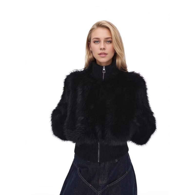 Giacca Bomber Corta da Donna in Ecopelliccia con Collo Alto e Zip Calda per l'Inverno