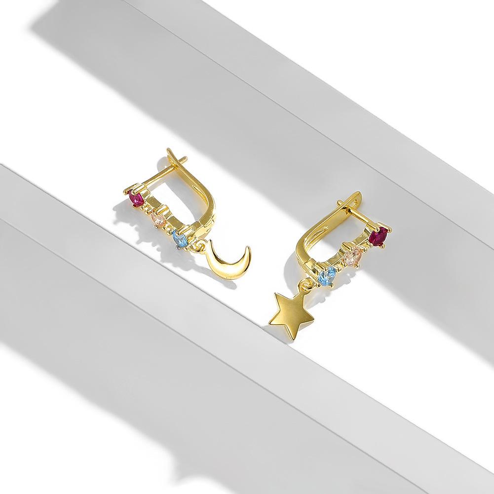 Tricolor Zircon Star and Moon Ear Cuffs Elegant Copper Clip Earrings for a Celestial Touch