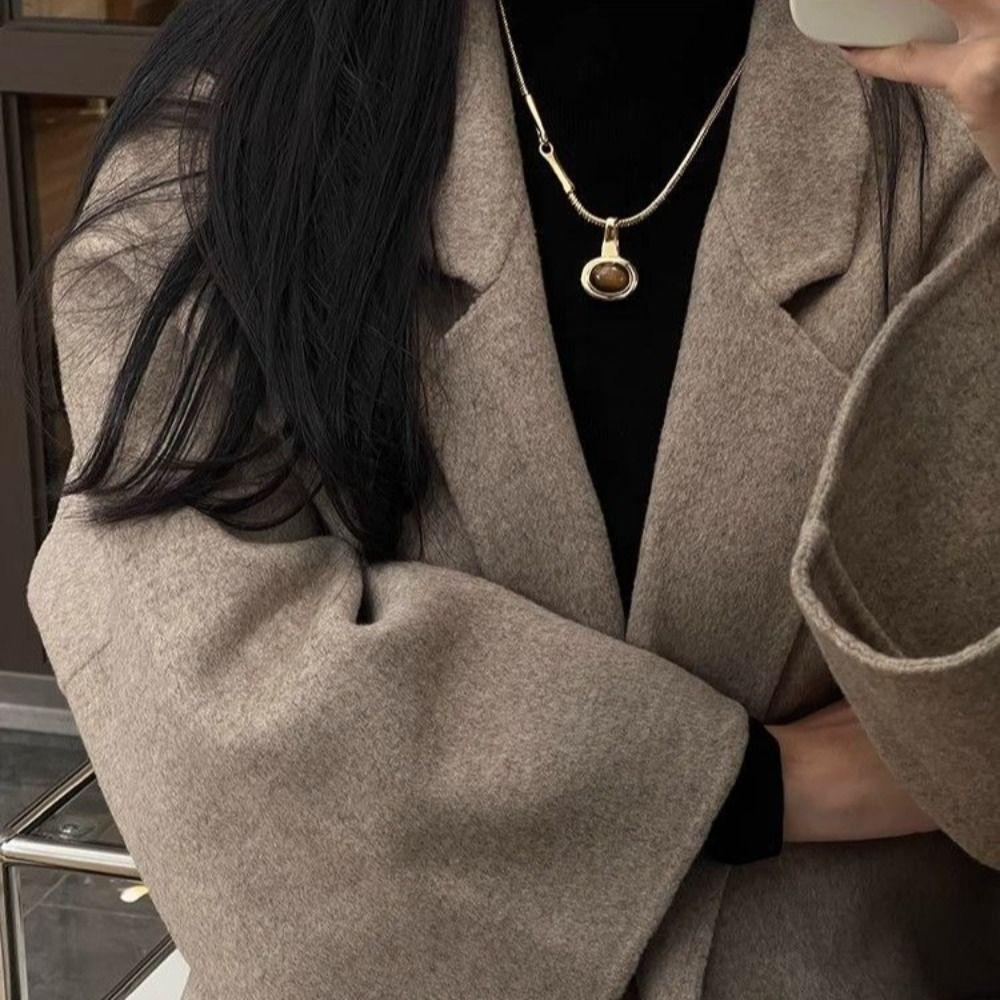 Tiger Eye Stone Pendant Necklace Titanium Steel Women Necklace Sweater Chain  Jewelry Accessories