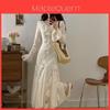 French Elegant Long Sleeve Dress With Knit Fabric And Ruffle Details For Spring Fashion