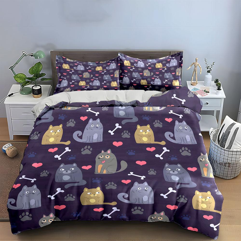 Cute Cats, Bones, and Paw Prints Bedding Duvet Cover Set (1*Duvet Cover 2*Pillowcases, Without Duvet Insert)