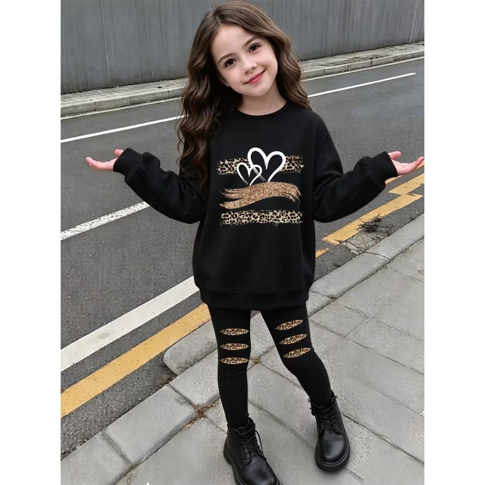 Girls' Heart Pattern Casual Comfortable Soft Loose Pullover Sweatshirt and Leggings 2-Piece Set, New Autumn/Winter, Playful, Sweet and Cool Style