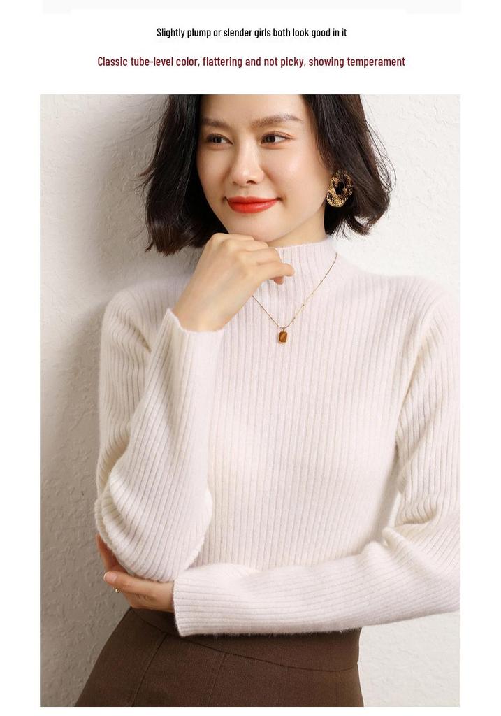 Women's 2024 Autumn/Winter Half-High Neck Slim Fit Cashmere Knit Sweater
