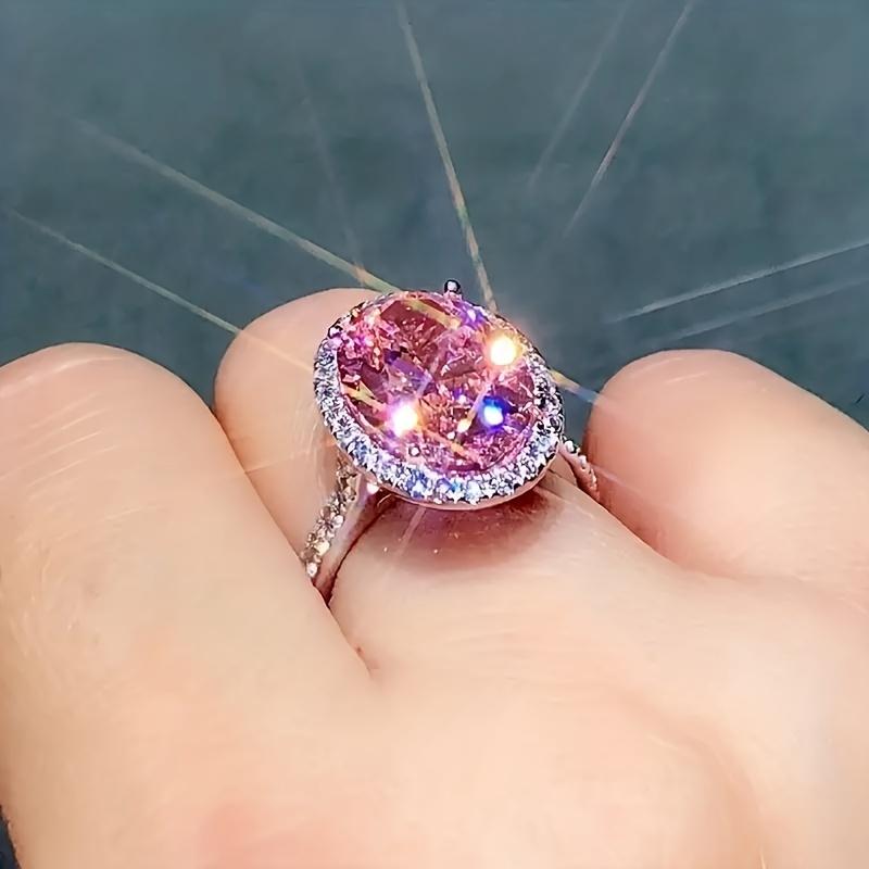 S925 Sterling Silver Pink Cubic Zirconia Oval Shaped Ring for Women Luxury Accessories Wedding Jewelry