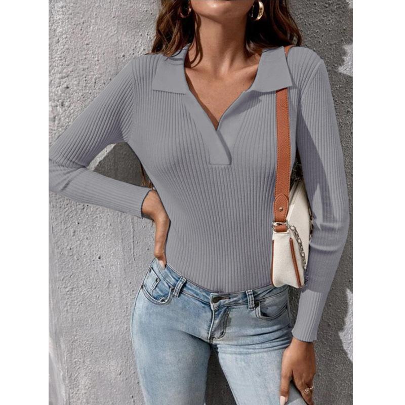 Jesień Zima Damska Dzianina Długi Rękaw Klapa Sweter Dzianinowy Seksowny Dopasowany Casualowy Pulower Top