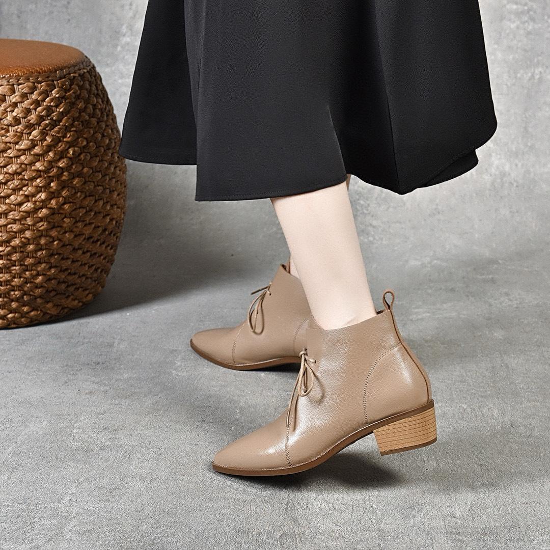 

Остроносые короткие ботинки женские осенне-зимние простые темпераментные натуральные плиссированные ремешки низкий каблук кожаные ботинки женские повседневные ботильоны 40 абрикосовый