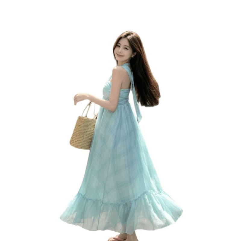 Seaside Vacation Neck Strap Chest Pad Beach Dress Summer Feeling Big Swing Dress
