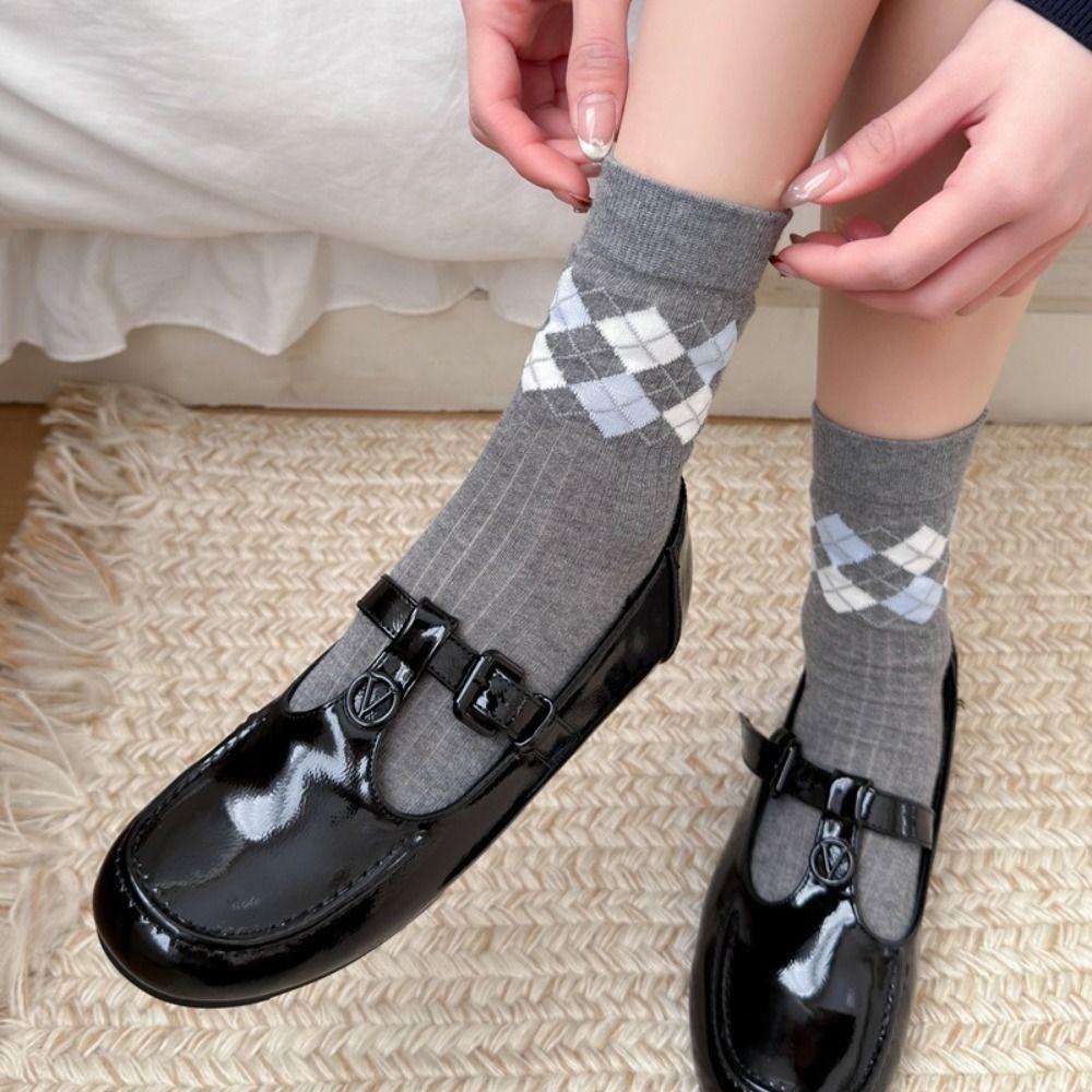 Korean Style Mid-calf Socks Grey Checkered Boneless Pile Socks New Cotton Socks Spring Summer