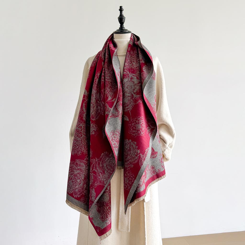 Elegant Floral Jacquard Pashmina Shawl for Women Winter Thick Warm Double Sided Tassel Design Coldproof Windproof Blanket Scarf