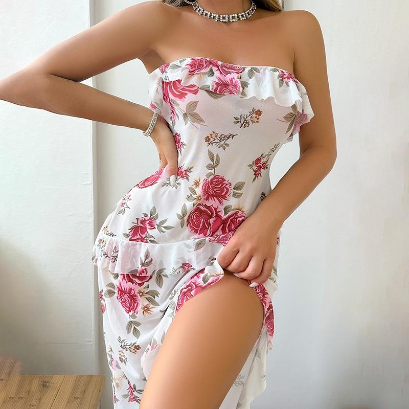 White Floral Print Ruffle Strapless Asymmetrical Mesh Maxi Dress S белый