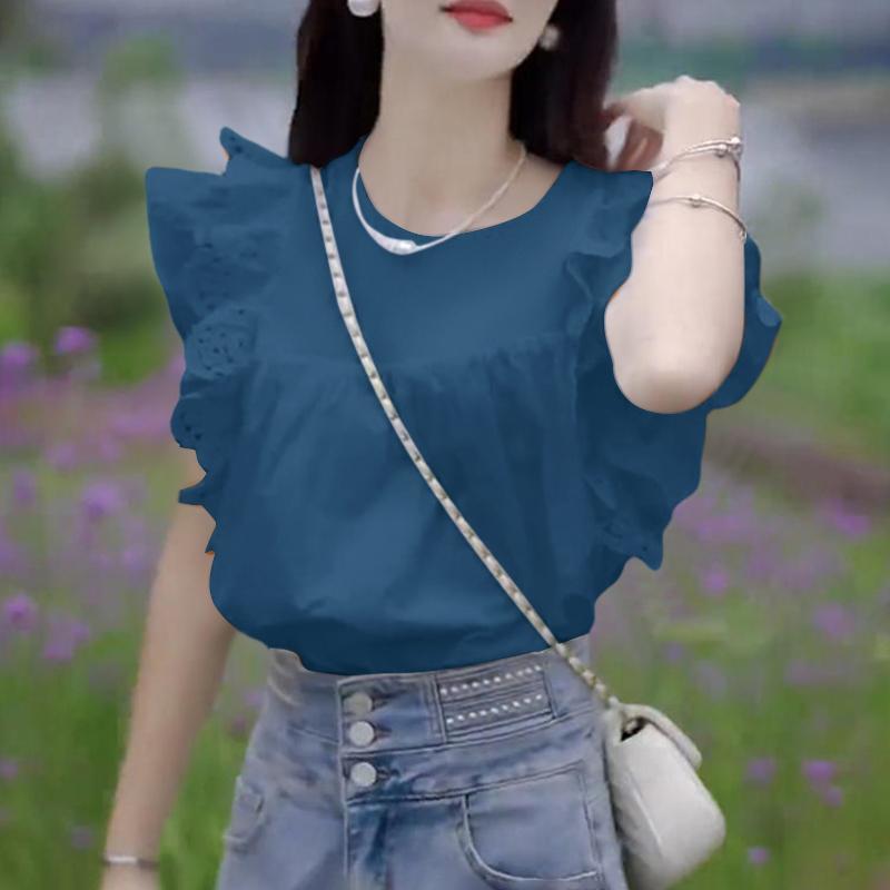 

ZANZEA Женские летние блузки с круглым вырезом, многослойными оборками, короткими рукавами и кружевом 5XL синий