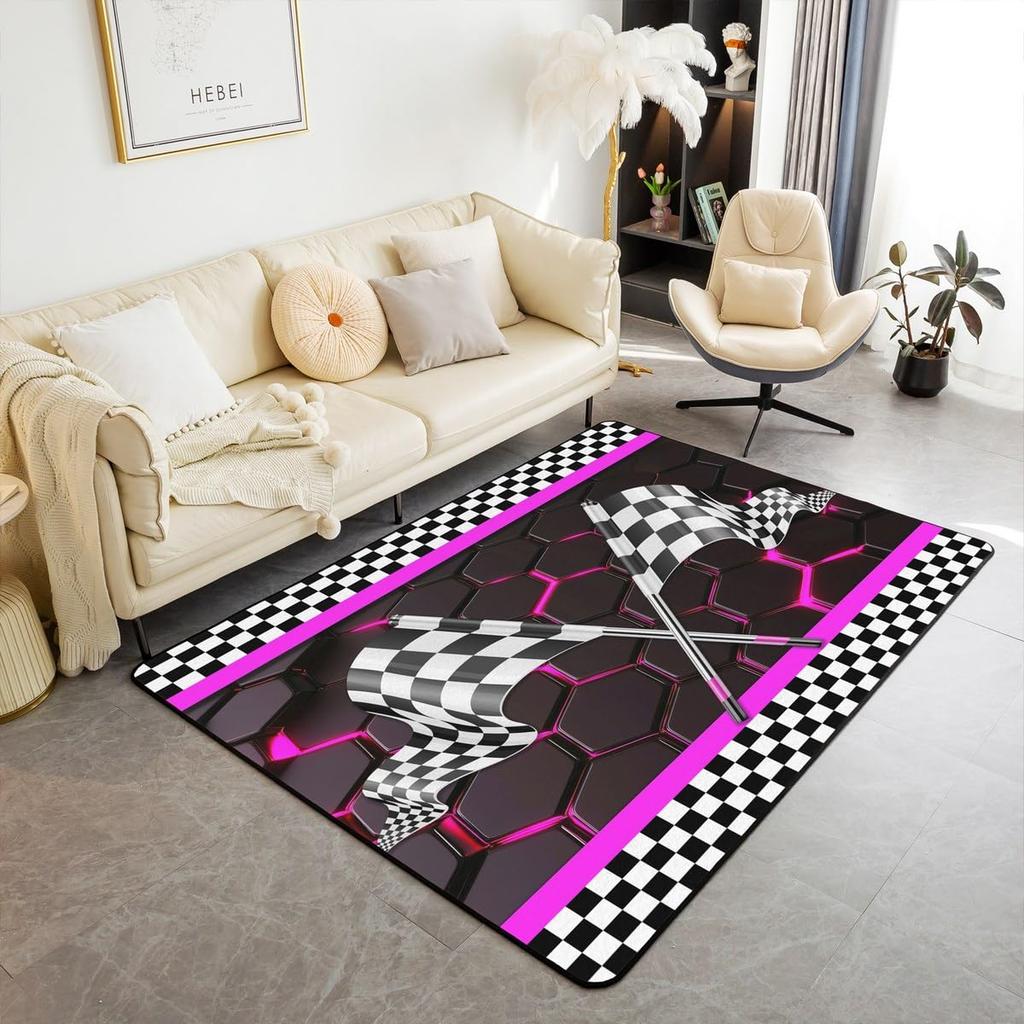 Erosebridal Racing Flag Non Slip Rug 3x5 for Boys Men,Race Car Theme Area Rug,Yellow Glowing Checkered Indoor Floor Mat,Black White Plaid Gr