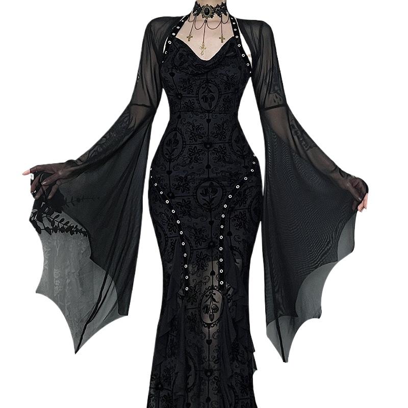 Halloween Gothic Mesh Smock Women Vintage Streetwear Witch See Through Bat Sleeve Crop Blouse Sexy Cosplay Clothes Femme