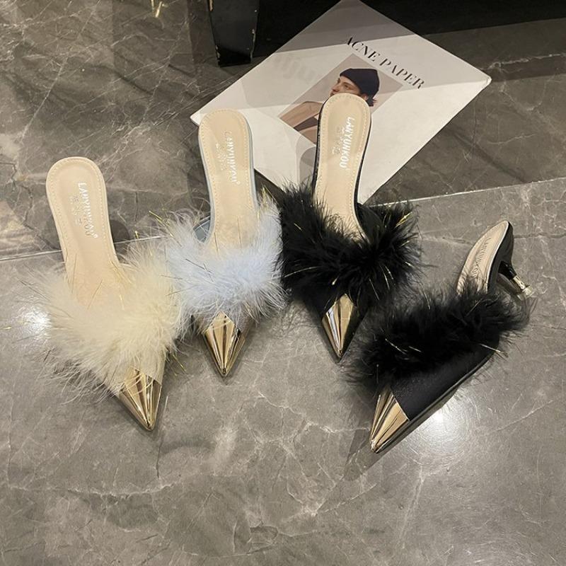 Fashion Fashion Pointed Head Hairy Thin Heel Half Slippers for Women 2025 Autumn Comfortable Versatile Elegant Casual High Heel Draggers