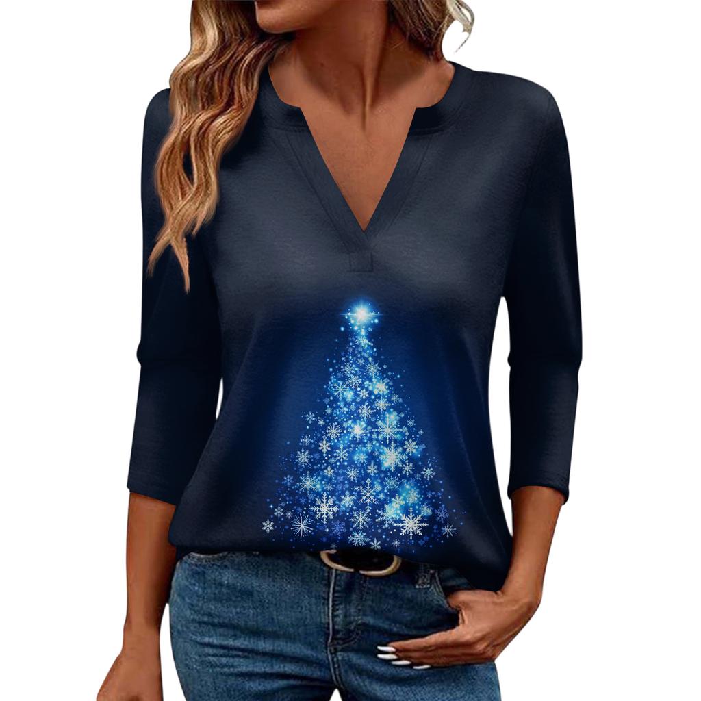 Women's Casual Fashionable Sexy Comfortable V-Neck Christmas Three-Quarter Sleeve Top