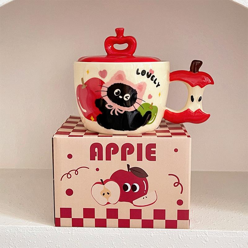 Birthday Gift Apple Cat Ceramic Cup With Lid Breakfast Household Cute Creative Drinking Cup Christmas