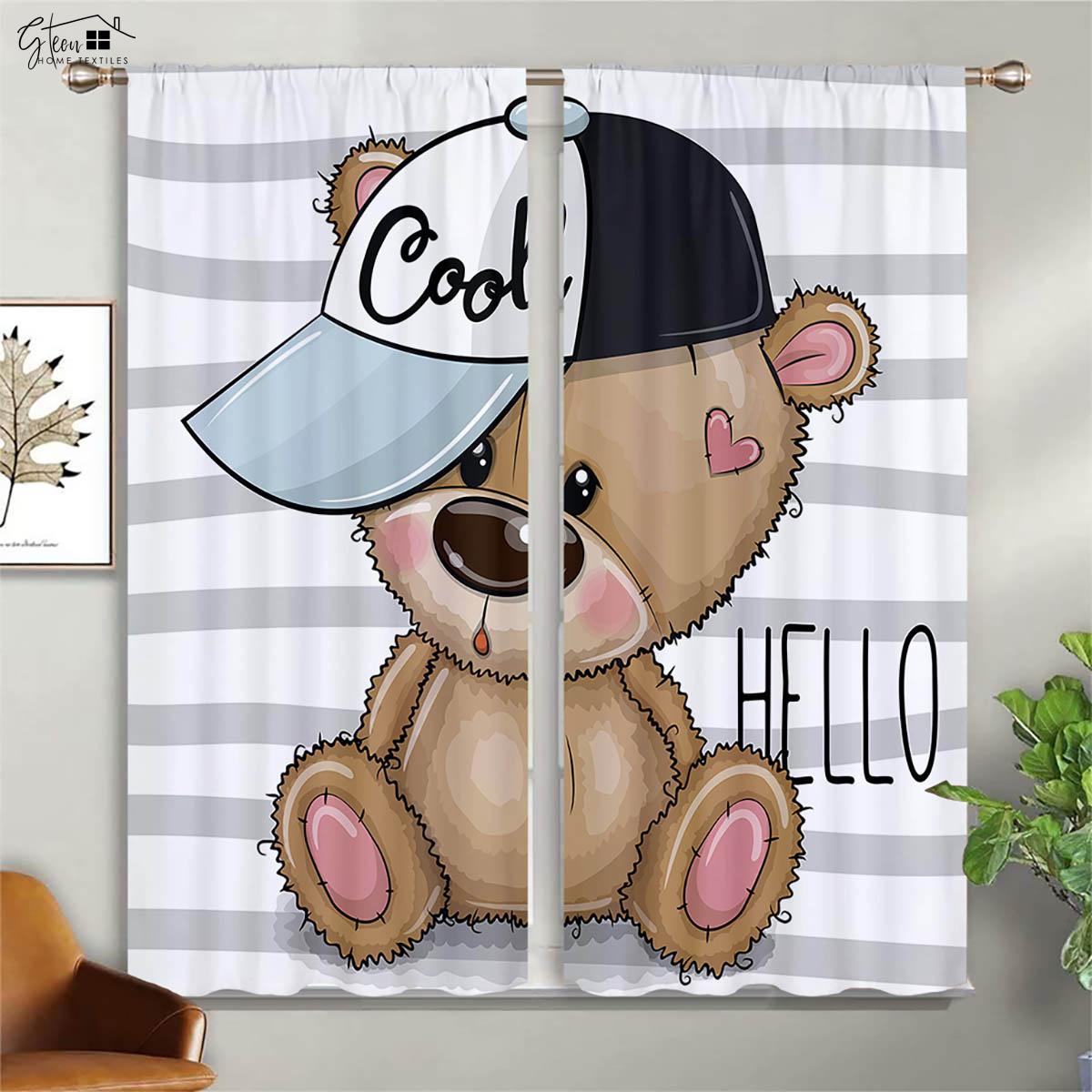

Cute Bear Cartoon Printed Curtain Panels Perfect for Living Area Study Room Kids Bedroom Window Decoration Curtains Easy To Wash And Care W100xH130(CM) folio&Rod pocket