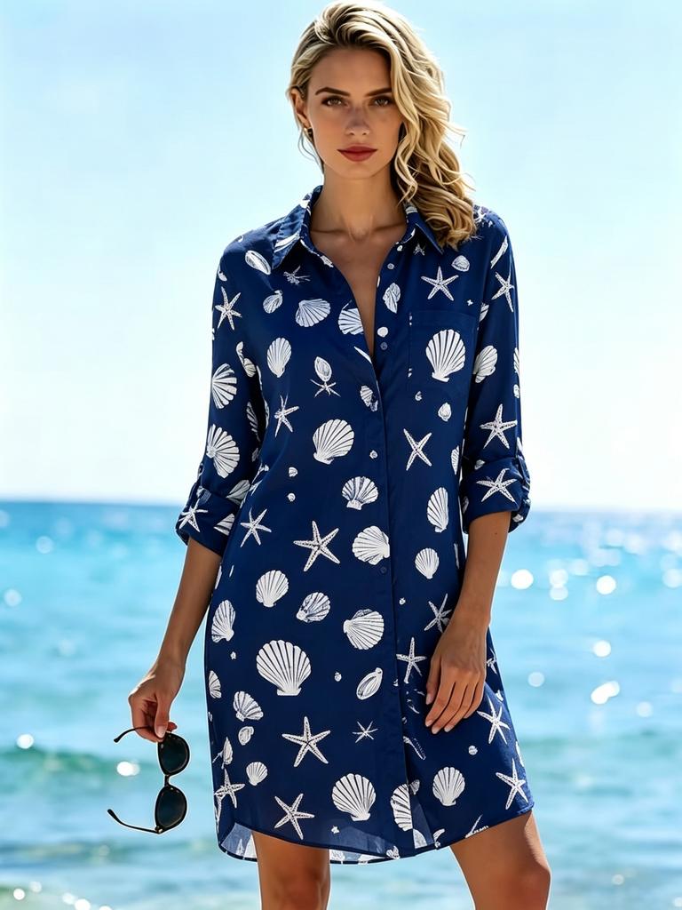 Plus Size Women's New Long Sleeve Printed Shirt Loose Fit Button Lapel Pocket Beach Printed Shirt, Plus Size Shirt