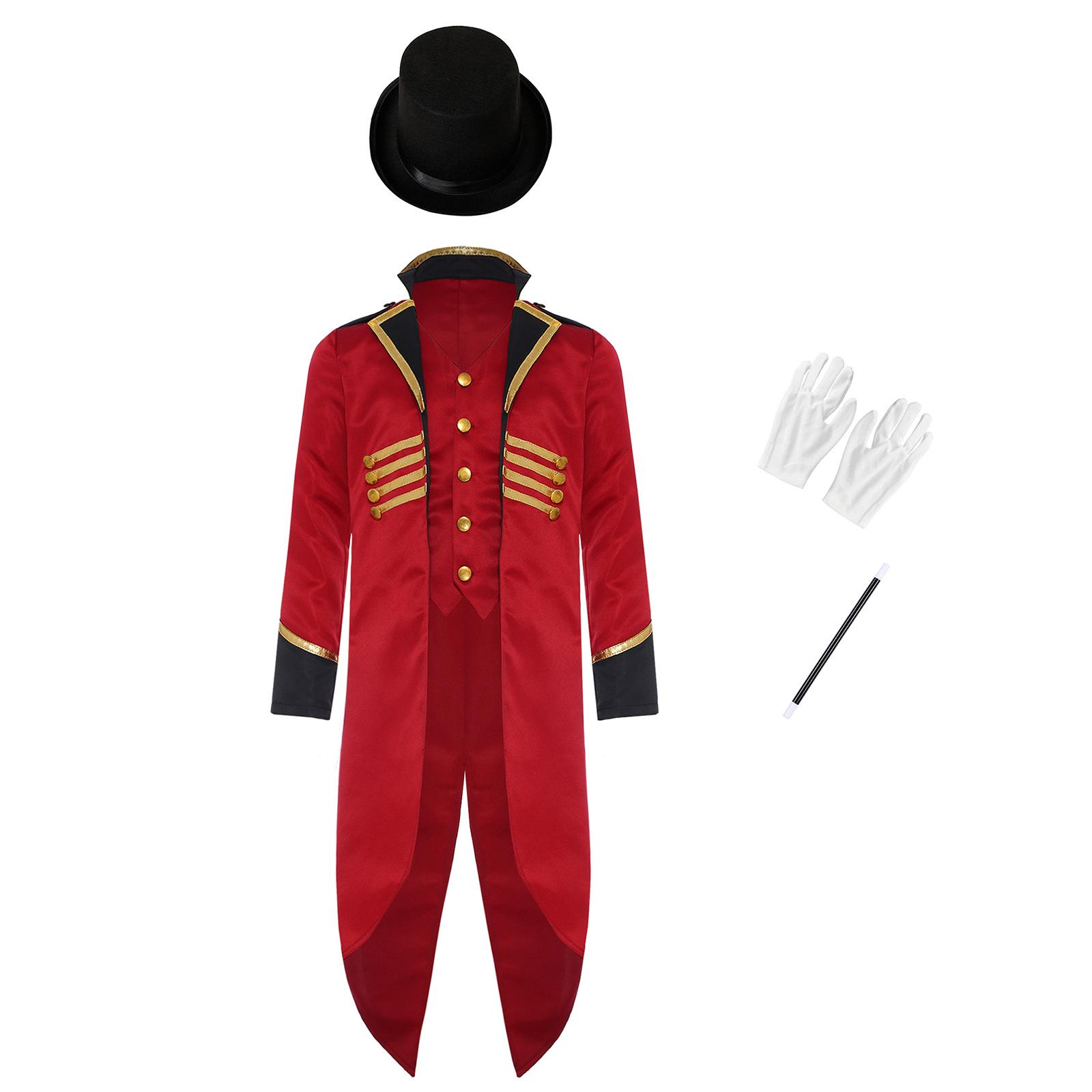 

Kids Victorian Steampunk Costume Set Four Piece Tuxedo Tailcoat with Top Hat Gloves and Magician Wand Dress Up 5-6 Years бордовий