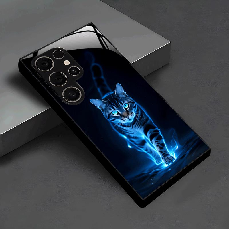 Blue Flame Cat Glass Phone Case Suitable for Samsung Galaxy S26 S25 S24 S23 S22 S20 FE/Ultra/Plus Anti Drop Back Cover