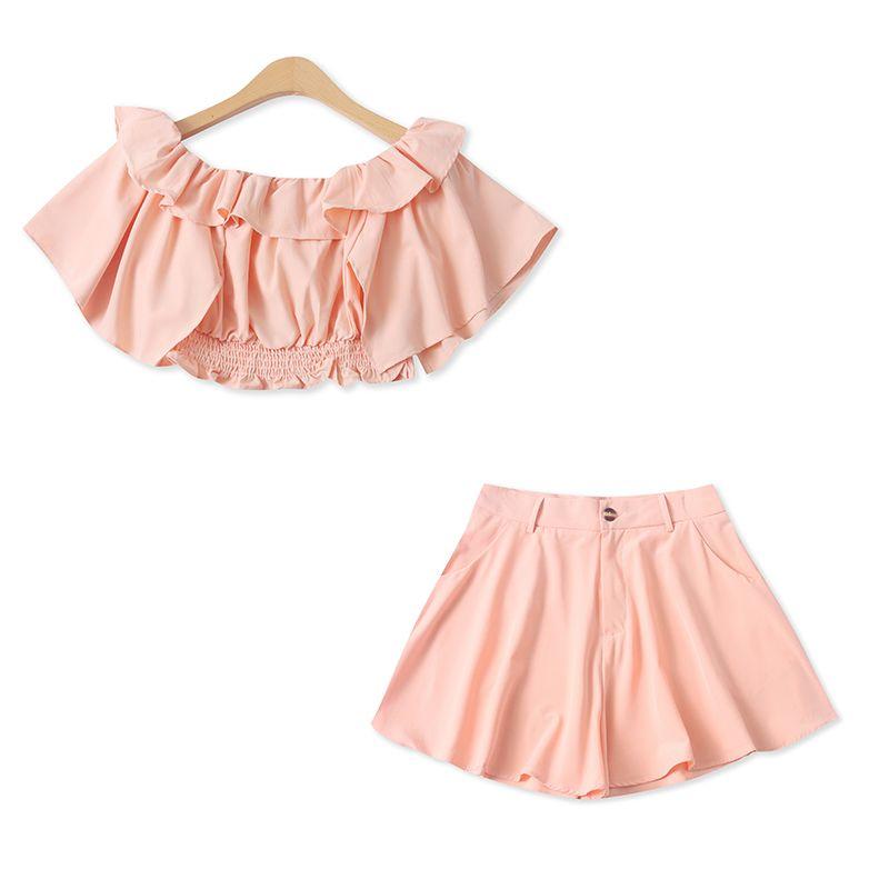 

Модный костюм Весна и Лето Новое поступление Внешняя торговля Женская одежда Воланы Закрытый Короткий Маленькая рубашка + Юбка с высокой талией Шорты 17554 Pink (Suit) XS