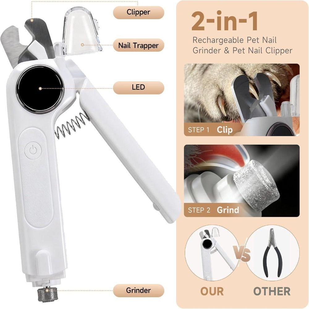 2-in-1 Dog Cat Nail Grinder LED Light Ultra Quiet Pet Nail Clipper with Splash Guard Electric Dog Cat Claw Care File