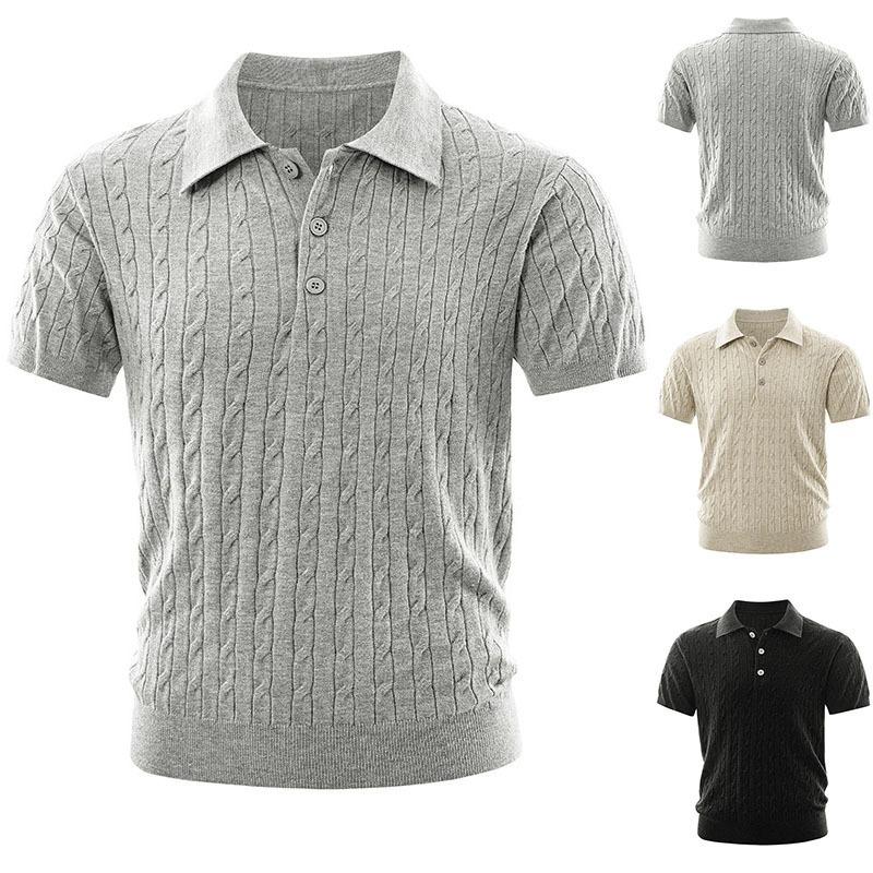 Men Business Casual Cable Knit Short Sleeve Collared Polo Shirt