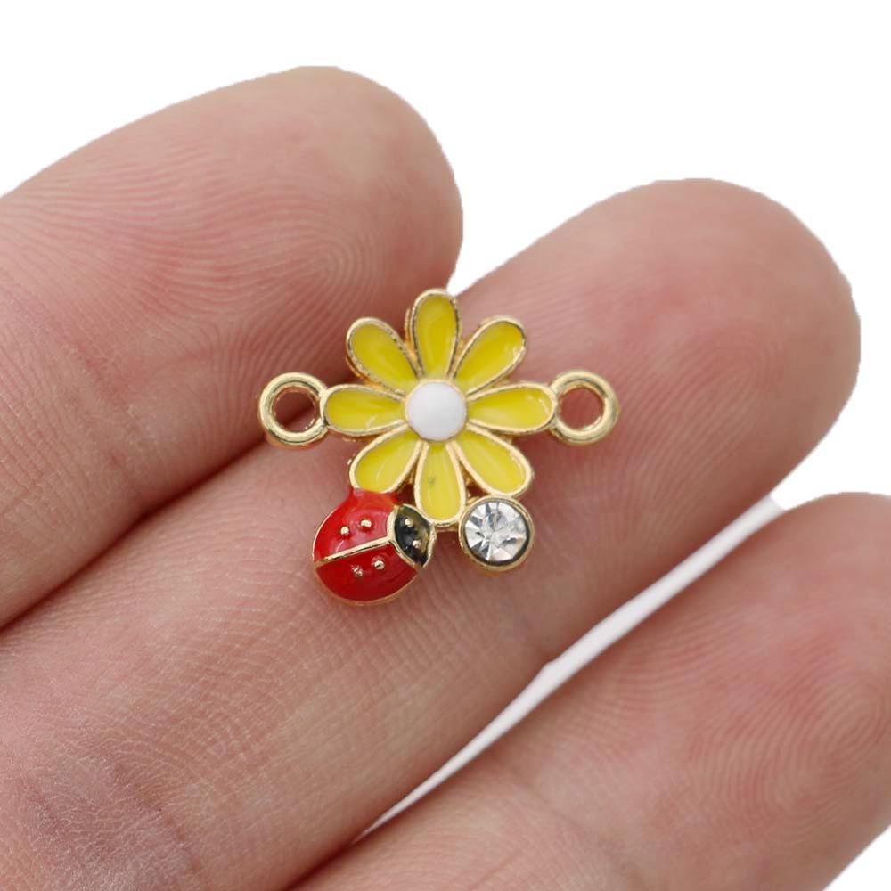 10Pcs Gold Plated Enamel Flower Ladybug Charm Connectors For Jewelry Making Bracelet Accessories Diy Findings 18X15Mm