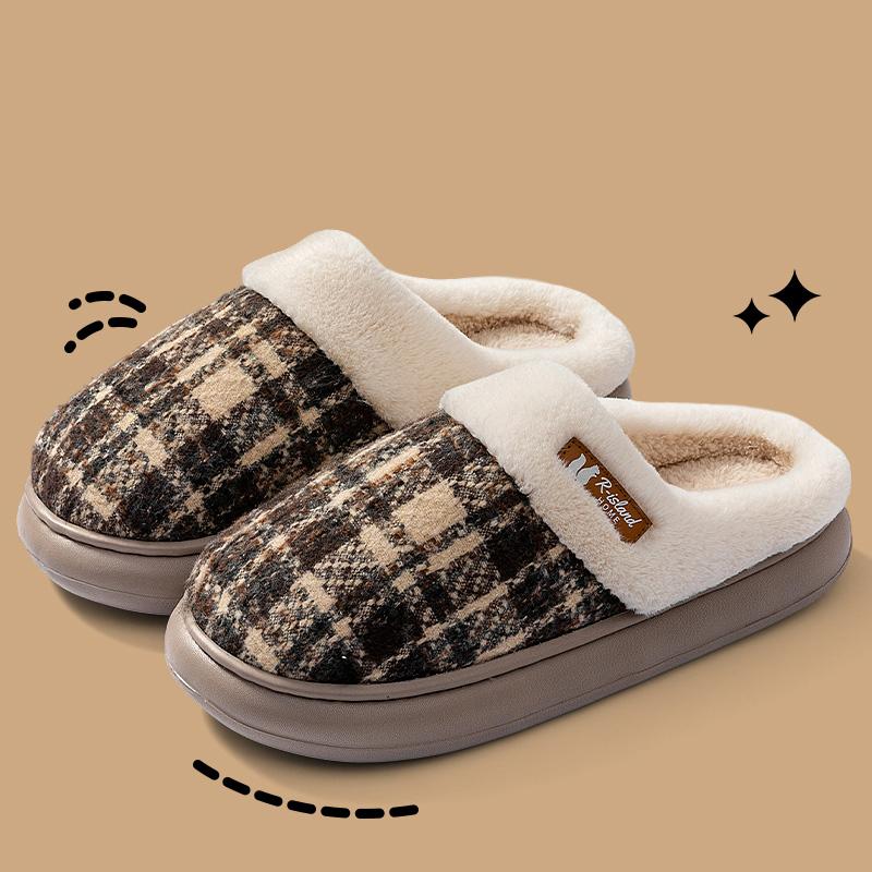 Women's Winter Warm Fur Slippers Stripe House Non Slip Shoes Comfort Flat Heel Home Indoor Bedroom Casual Plush Men Slippers