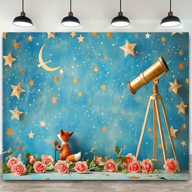 2D Whimsical Fox Backdrop Little Prince Starry Sky Photo Studio Background 47.2x31.5inch/120*80cm