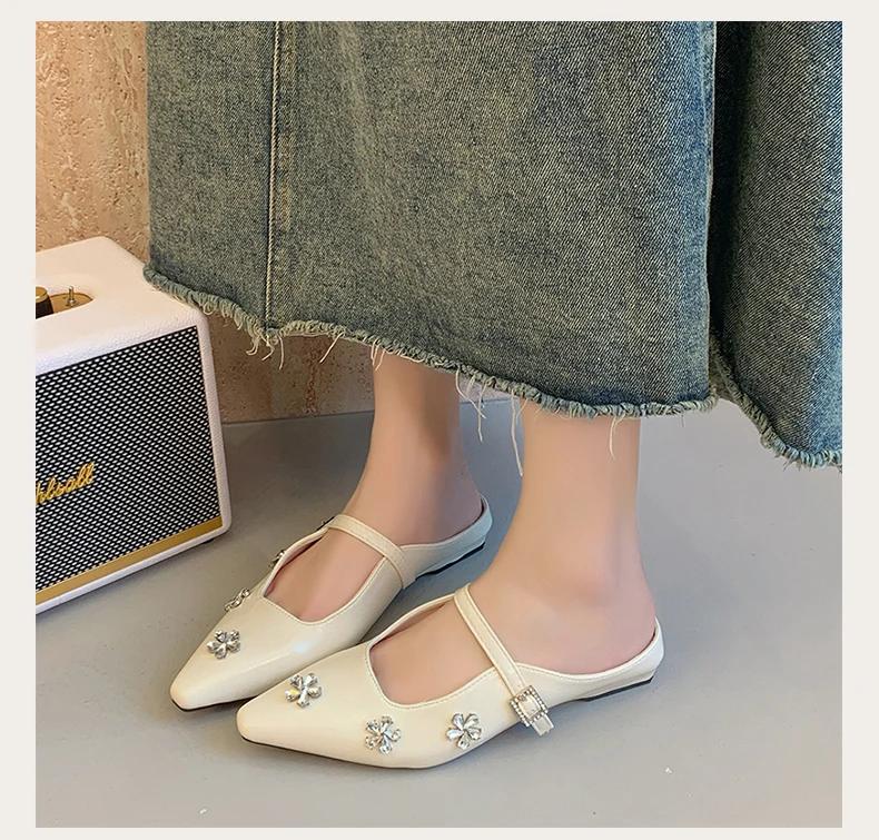 Fashion New Spring French Rhinestone Mary Jane Half Slippers Block Heel Women's Shoes Baotou Cold Slippers Korean Edition Single Shoes