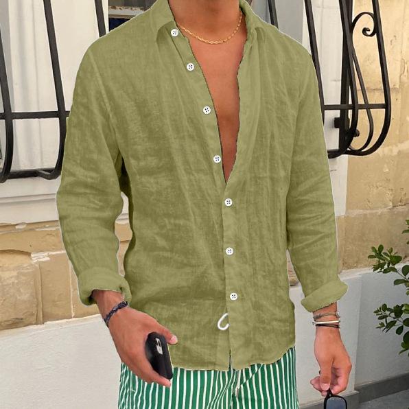 Men's Long Sleeve Linen Beach Shirt - Solid Color, Casual, Turn-Down Collar, Spring/Summer Wear
