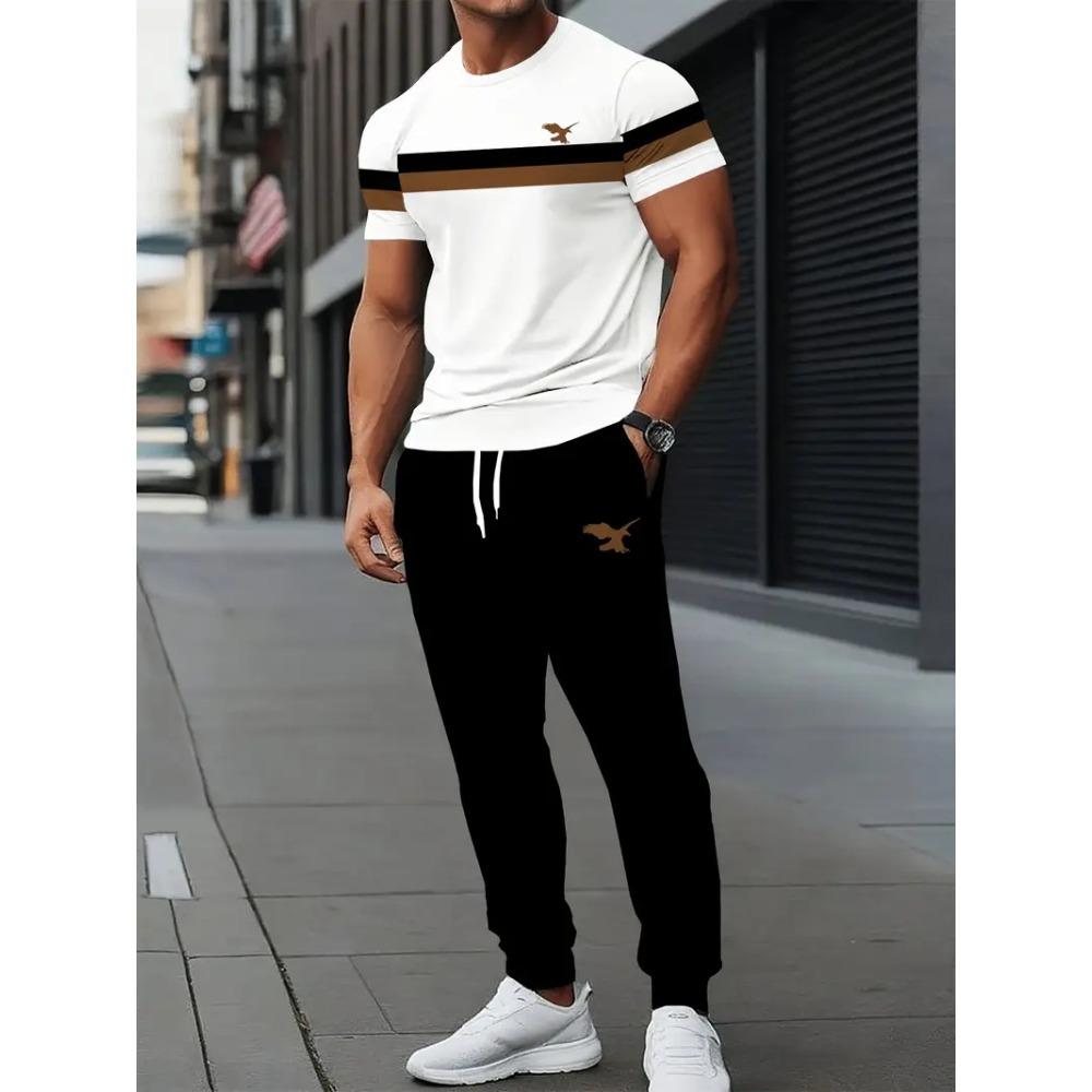 Color Block Letter Men's Set, Three-color Patchwork Short-sleeved Shirt And Long Pants, Simple And Casual